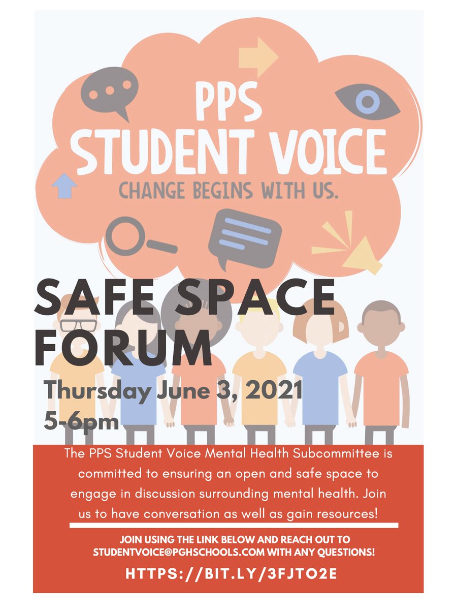 Student Voice Leaders are creating a safe space forum for students in grades 9-12!  During this time, they are inviting students to join and talk about how they think their schools have provided supports to their mental health.