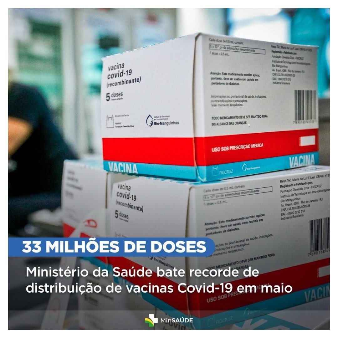 jairbolsonaro's tweet photo. - O @minsaude bate recorde de distribuição de vacinas contra o covid com mais de 33 milhões de doses entregues, em maio. https://t.co/vLBrcojH3n