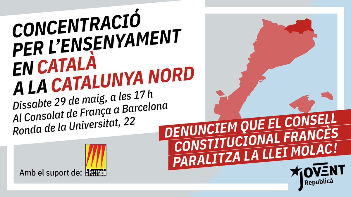 JoventRepublica's tweet photo. ❗️ L’Estat francès persegueix la diversitat i s’oposa a la immersió en català a la Catalunya Nord

Mobilitza’t per la llengua! 💪👅

📆 Dissabte 29 de maig
⏰ A les 17 h
📍Al Consolat de França a BCN https://t.co/jlumRYm3Dd