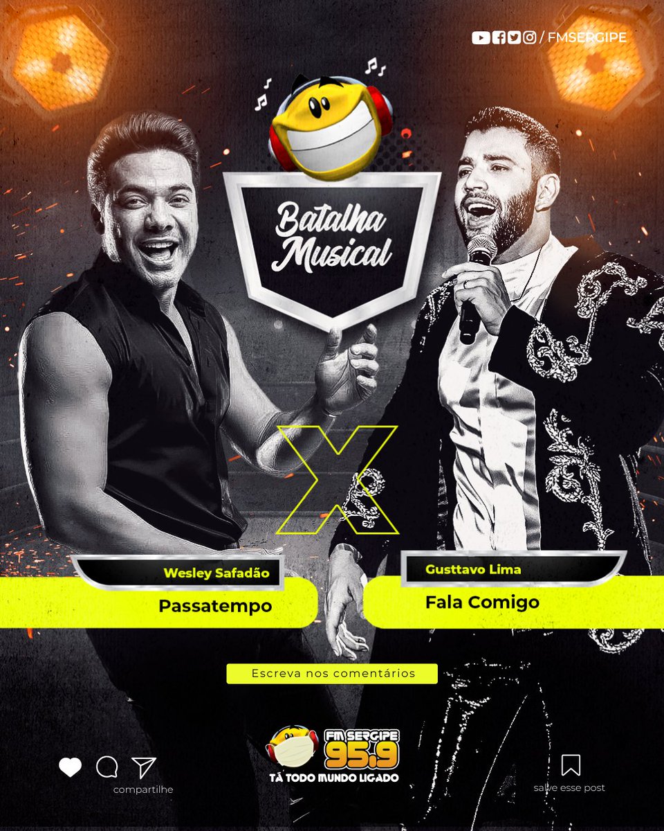 fmsergipe's tweet photo. "Passatempo" de @wesleysafadao ou "Fala Comigo" de @gusttavolima?!
⠀⠀⠀
Comenta aí. rsrsrs
_
#fmsergipe #aracaju #sergipe #topper #émaisquerádio #primeirolugar #batalhamusical #tátodomundoligado #primeirolugarnoibope #SegueaLíder #gusttavolima #falacomigo #ws #passatempo https://t.co/CH2MgkKdCf