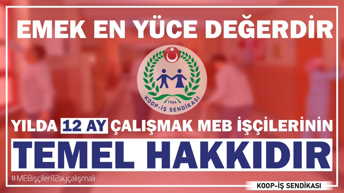 EMEK EN YÜCE DEĞERDİR!

Yılda 10 ay çalışan ve 2 ay ücret kaybı yaşayan MEB işçilerimizin çalışma süreleri 12 aya çıkarılmalıdır.

Emeğin değeri bilinmeden çalışma barışı ve huzuru sağlanamaz!

#MEBişçileri12ayçalışmalı

<a href="/tcbestepe/">T.C. Cumhurbaşkanlığı</a> <a href="/tcmeb/">Millî Eğitim Bakanlığı</a> <a href="/ziyaselcuk/">Ziya Selçuk</a> <a href="/lutfielvan/">Lütfi Elvan</a>