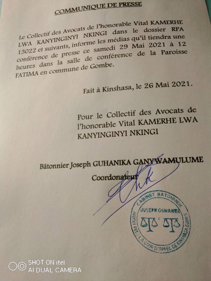 Le collectif des avocats du PN <a href="/VitalKamerhe1/">Vital Kamerhe</a> en conférence de presse ce samedi 29 mai 2021