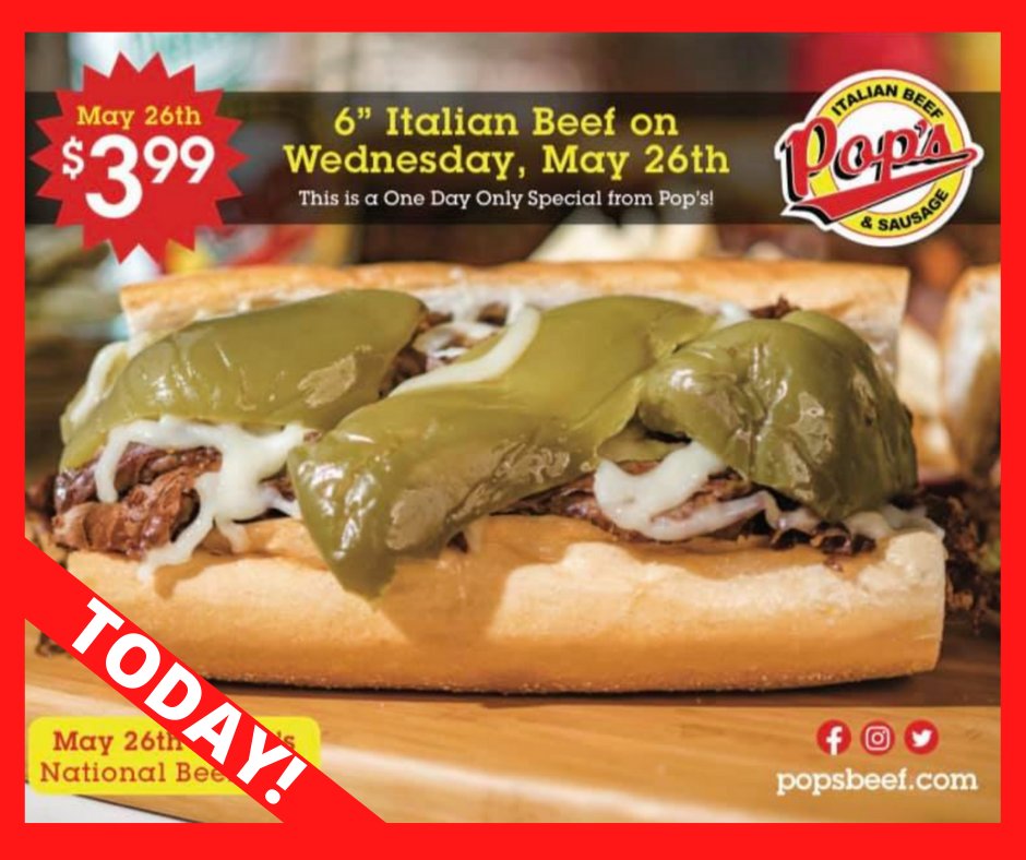 PopsBeef's tweet photo. Today Pop’s Beef is celebrating its customers with a presale #NationalItalianBeef Wednesday, May 26. Beef sandwiches will be available for $3.99 at all locations during operating hours.

Pop’s Beef locations: https://t.co/wfajckc6cl

#GetYourBeefOn #ItalianBeefDay #PopsBeef https://t.co/gvwoJzFTYq