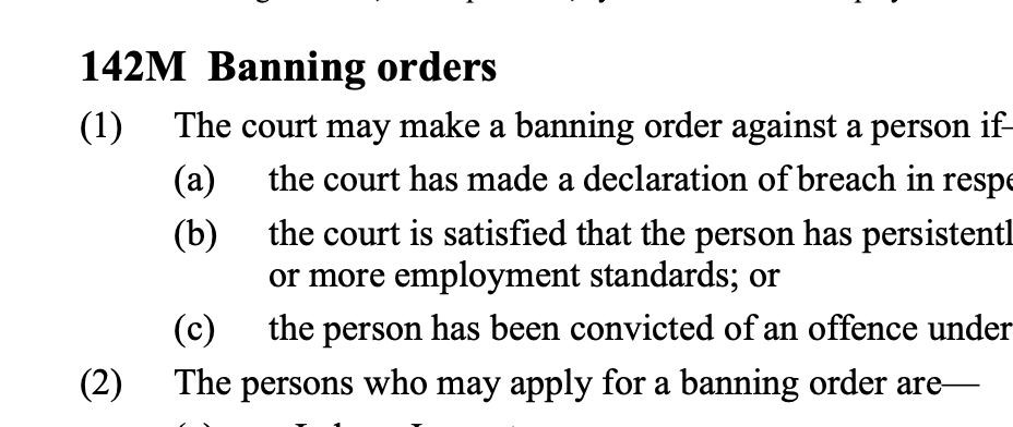 New from <a href="/TheLawofWork/">David J. Doorey🇨🇦 💙</a>, a discussion of New Zealand's law permitting "banning orders" as remedy for  labor standards violations. These orders prohibit business from hiring employees, individuals from being officers of businesses.

Idea for Canada?

lawofwork.ca/banningorders/