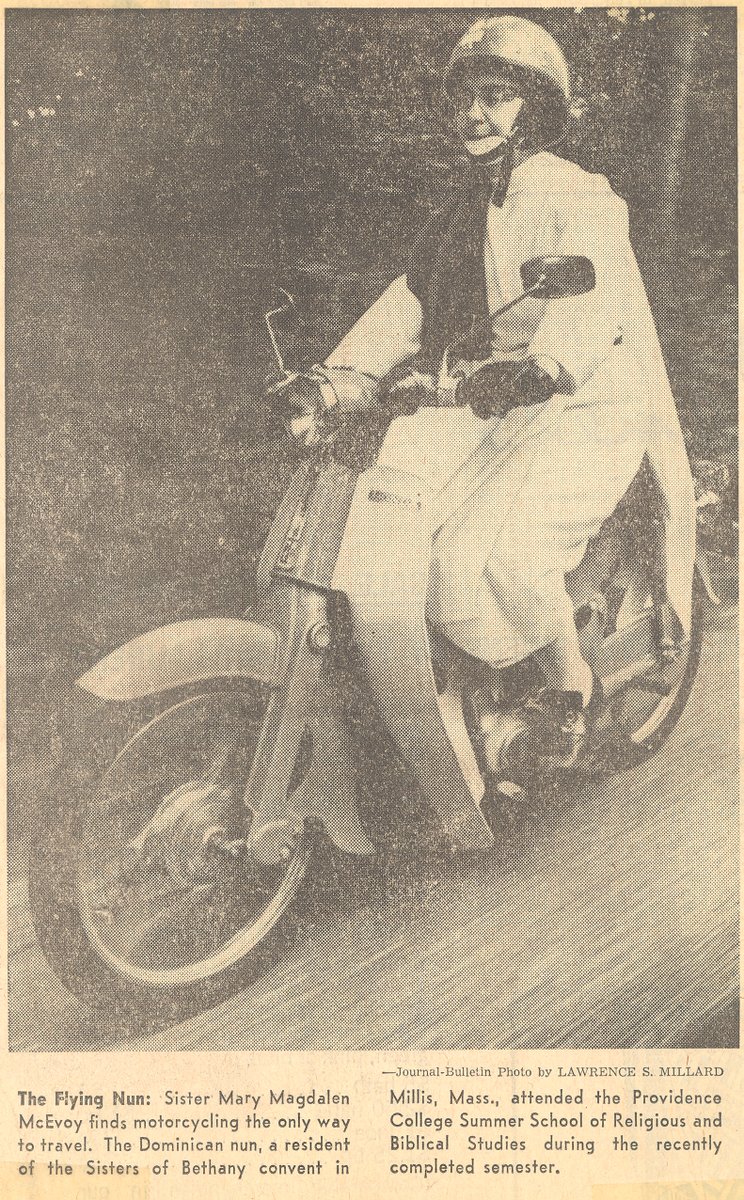 Library_PC's tweet photo. Sister Mary Magdalen McEvoy, O.P. rode her motorcycle to campus while attending the Providence College Summer School of Sacred Theology in 1968! For more, visit the digital collection: https://t.co/DZ4wRZ3C4n  #ArchivesHashtagParty #ArchivesOnWheels #ProvidenceCollegeLibrary https://t.co/e7kZwHMRDl