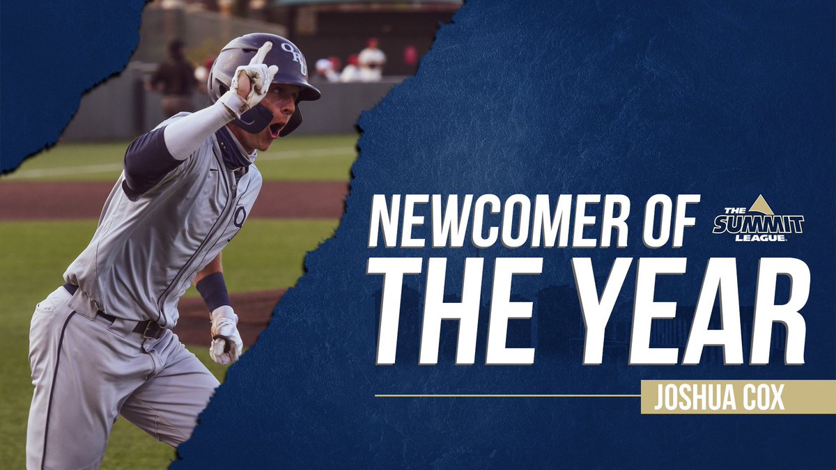 ORUBaseball's tweet photo. Joshua Cox is your Summit League Newcomer of the Year! Cox hit .302 with five home runs and a team-high 14 doubles. #GoldenStandard https://t.co/2ZMs7i0lXE