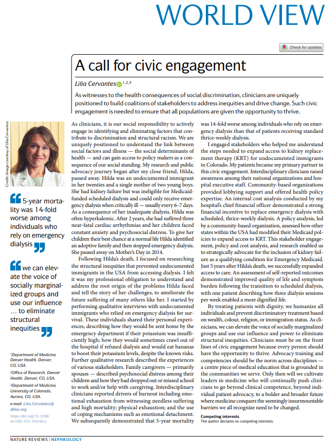 Nature Reviews Nephrology (@natrevneph) on Twitter photo In this World View, <a href="/Cervantes_Lily1/">Lilia Cervantes</a> describes her research and public advocacy journey and calls for clinicians to be on the front lines of civic engagement go.nature.com/3wCypJ8
<a href="/CUDeptMedicine/">CU Department of Medicine</a> <a href="/CUMedicalSchool/">CU School of Medicine</a> <a href="/CUAnschutz/">CU Anschutz Medical Campus</a> <a href="/CCTSI/">CCTSI</a> In this World View, <a href="/Cervantes_Lily1/">Lilia Cervantes</a> describes her research and public advocacy journey and calls for clinicians to be on the front lines of civic engagement go.nature.com/3wCypJ8
<a href="/CUDeptMedicine/">CU Department of Medicine</a> <a href="/CUMedicalSchool/">CU School of Medicine</a> <a href="/CUAnschutz/">CU Anschutz Medical Campus</a> <a href="/CCTSI/">CCTSI</a>