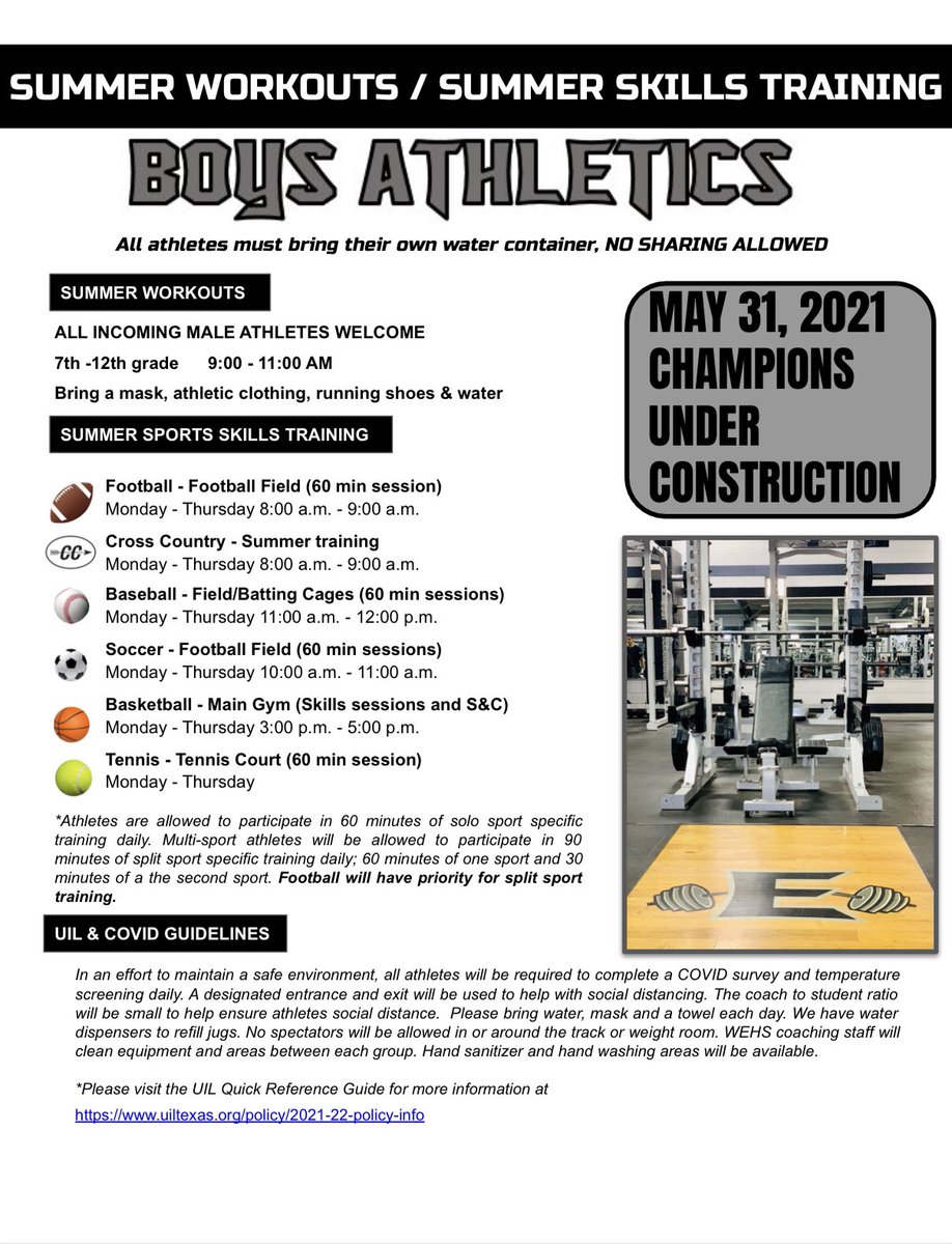 WehsAthletics's tweet photo. ‼️MAY 31st‼️
CUELLAR, MARY HOGE & EAST
CHAMPIONS UNDER CONSTRUCTION
💪🏽Summer W\O & Sports Training💪🏽
JOIN THE STRONG SIDE
All incoming 7th-12th Graders Welcome!
#esss #OutHitEm #StrongSideAthletics
#ProvenChampions
#TheGrindDontStop https://t.co/EItHPfVhko