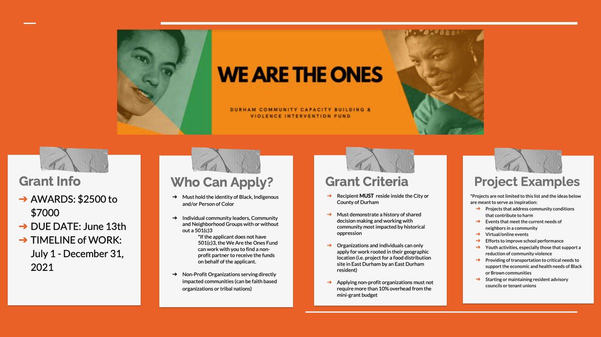:: ‼️Grant Funding‼️ => We Are the Ones Grant Fund is open to communities directly impacted by historical oppression &amp; poverty in Durham. Awards will range from $2,500 to $7,000. Deadline: June 13, 2021. For more info &amp; to apply, rb.gy/nqroer.