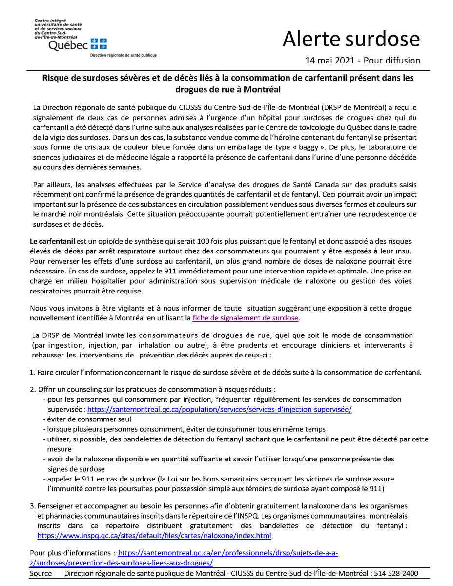 ‼Appel à la vigilance‼
RISQUE DE SURDOSES SÉVÈRES ET DE DÉCÈS À MONTRÉAL : EFFETS INHABITUELS SUITE À L’INHALATION DE CRACK OU DE CRYSTAL
Téléchargez le PDF 👇
iud.quebec/sites/iud/file…