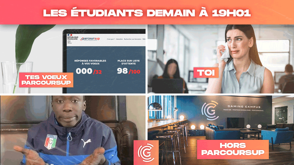 GamingCampus's tweet photo. Vous attendez votre réponse #Parcoursup ? Courage. 

Les admissions aux 3 écoles Gaming Campus se font HORS Parcoursup. Plus fluide, efficace et surtout moins stressant.

Tout se passe en ligne : https://t.co/QXiAVaPwW6 et les admissions sont encore ouvertes. https://t.co/edv5W982OM