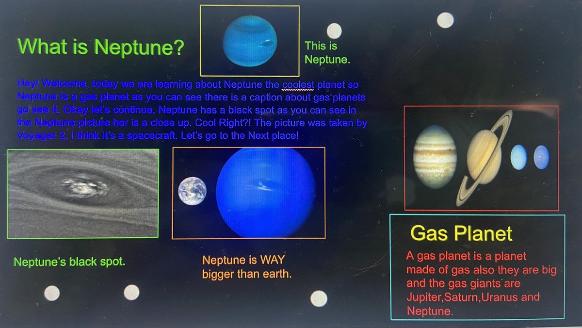 MsHe1ton's tweet photo. Third grade created research projects and this amazing writer picked Neptune! These researchers got curious and investigated their topics using the text, Planets, and an internet resource, Kiddle. Check out this hard work! Next week we present to G2. #kacdjoy #writerwednesday https://t.co/YqIyWRAzSk