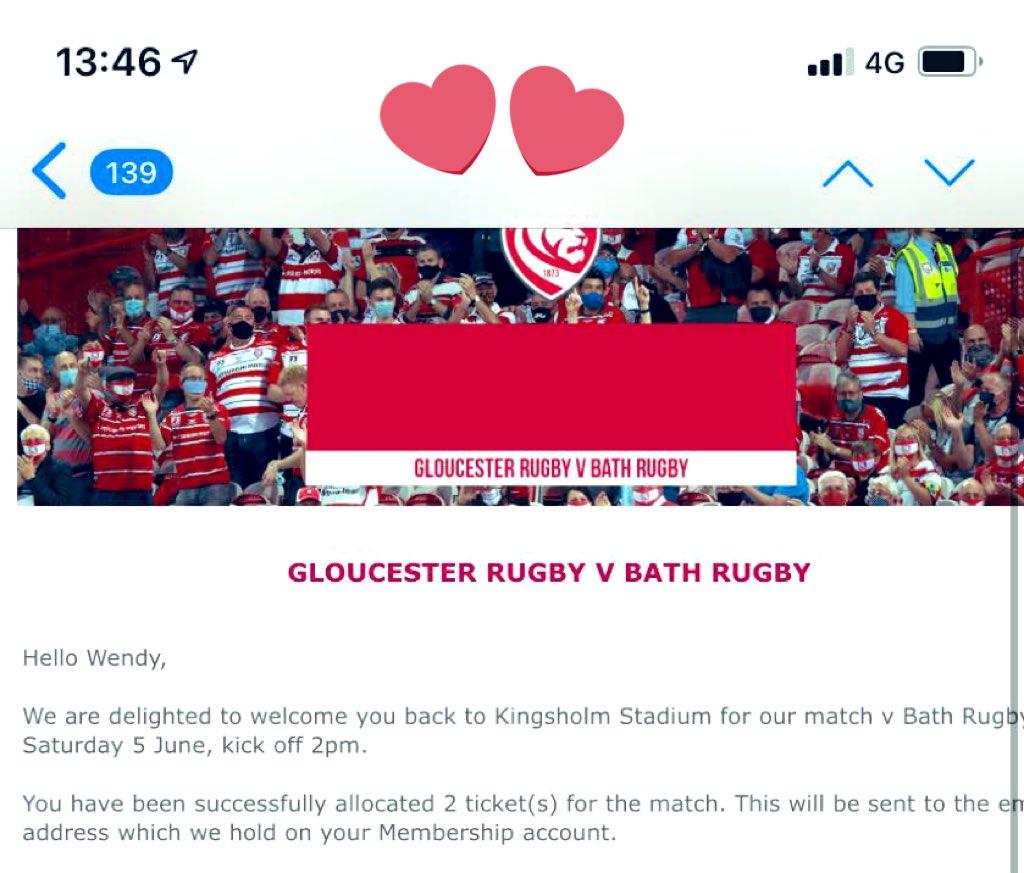 wendyj15's tweet photo. So happy to be attending βtheβ game of the season, thank you @gloucesterrugby. Just hoping Iβm back in The Shed for the game, Iβve missed it so much #GlosvBath https://t.co/asmnNJshvq