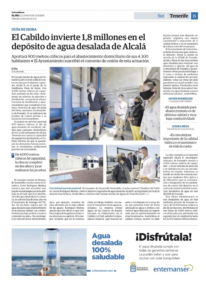 JaviRoMedina's tweet photo. 🗞 Los periódicos @diariodeavisos y @eldia destacan el impulso dado desde el Consejo Insular De Aguas de Tenerife a la distribución del agua desalada para mejorar tanto las calidades como las garantías en el suministro de agua. https://t.co/sfZApgXVjp