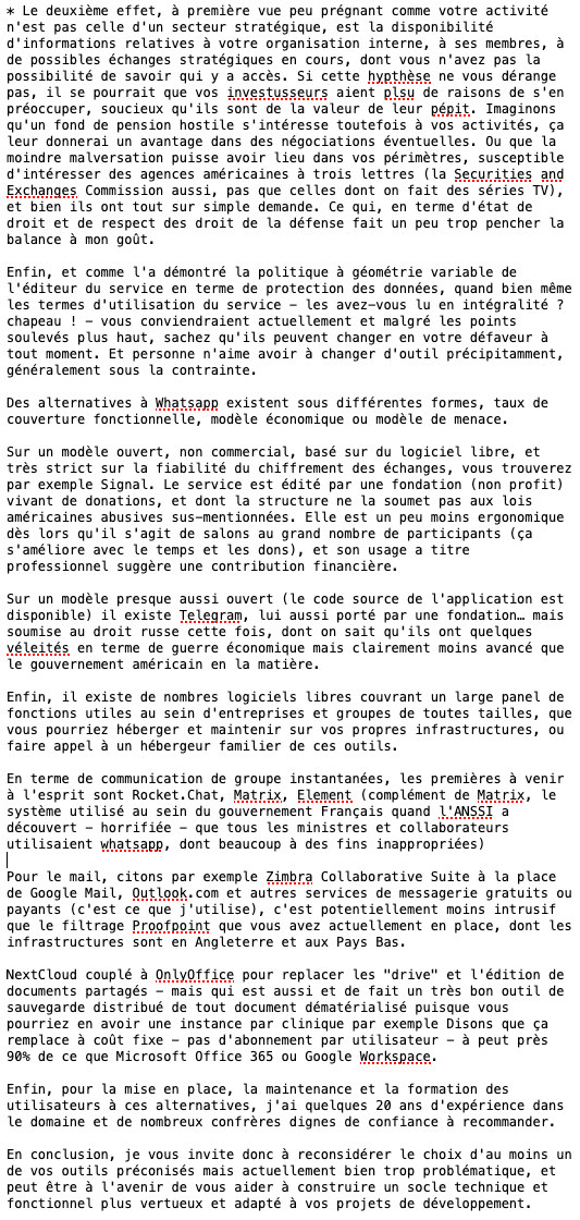 Le groupe que ma compagne vient de rejoindre préconise Whatsapp pour les communications entre les directeurs.

J'ai passé 4 ans à la mettre à l'abri des services intrusif.

Voici un draft de ce que je compte envoyer au DG (il n'y a pas de DSI apparemment).

Vos avis ?