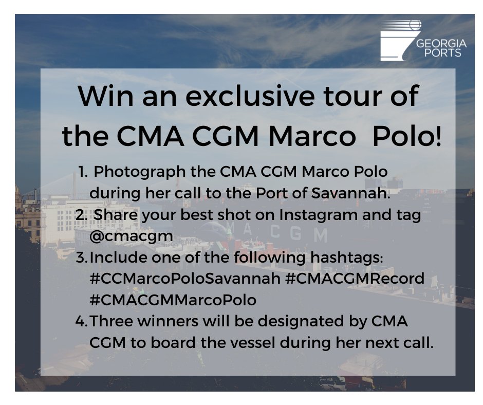 What an exciting day seeing the @cmacgm Marco Polo call the #Port of #Savannah for the first time! Don't forget to enter the CMA CGM Instagram photo contest while the vessel is in port. #ccmarcopolosavannah #CMACGMRecord #CMACGMMarcoPolo