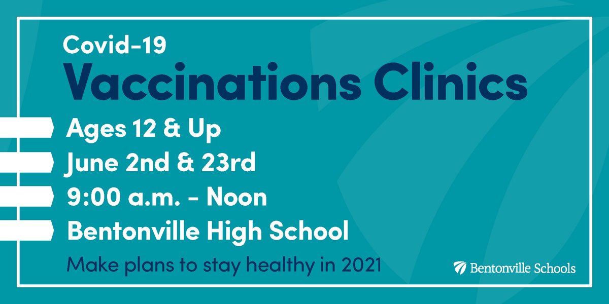 We're hosting a COVID-19 vaccination clinic in June. Any Bentonville Schools student, age 12 and up, as well as family members, are eligible. If you'd like to participate, submit the form at bit.ly/3hXfapo by NOON on Friday. #whereexcellencelives