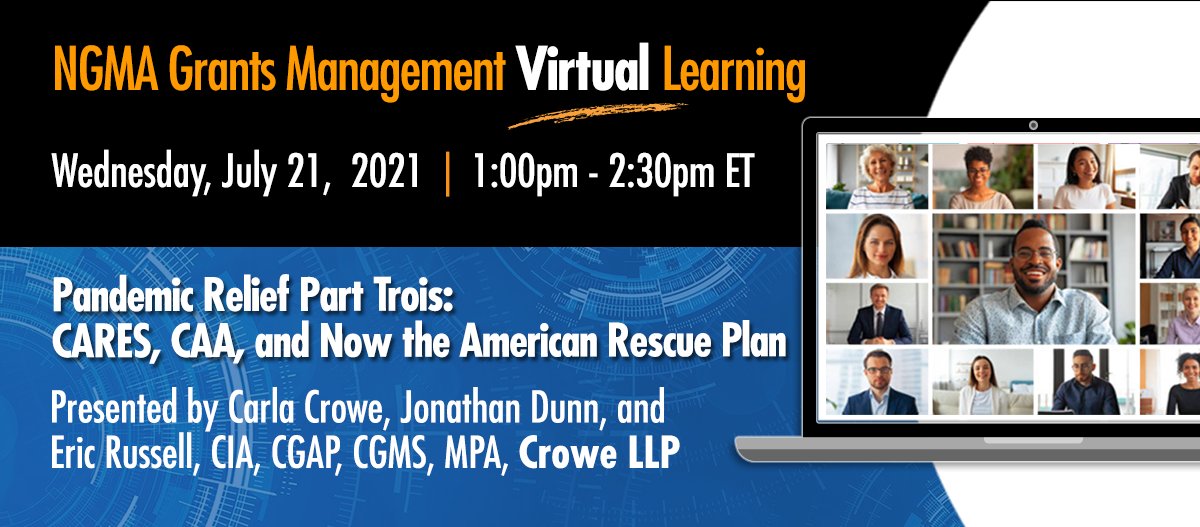 NGMAnews's tweet photo. Sign up now for the next #GrantsManagement webinar “Pandemic Relief Part Trois: #CARES, CAA, and Now the #AmericanRescuePlan” @CroweUSA #ARPA #AmericanRescuePlanAct #grants #grantswriter https://t.co/elR9UWHrST https://t.co/K8y5JAox9w