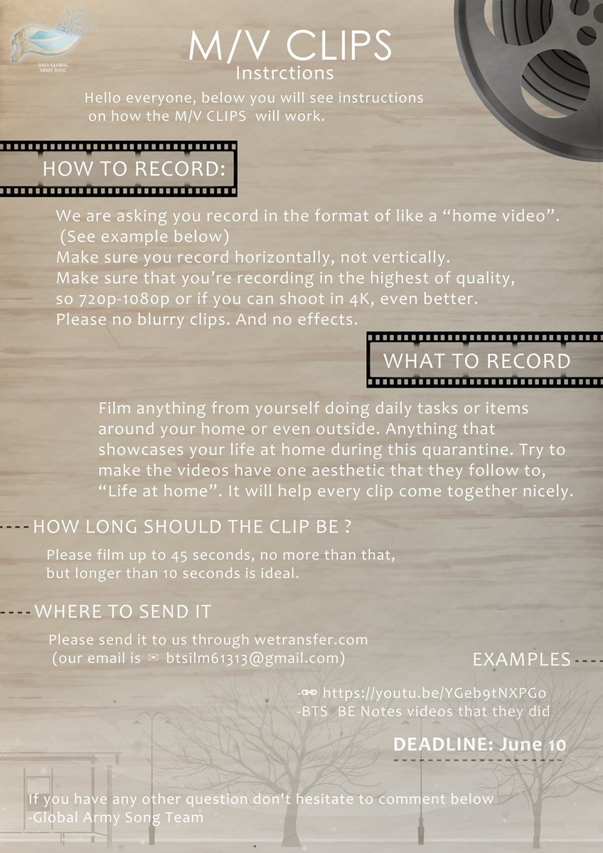 Daily_Hoping's tweet photo. [Announcement🎶💜]
Hi lovely ARMYs, 
For the 2021 Global ARMY Song Project, we would like to feature more ARMYs to be part of the official MV 🎐 Full details +examples are below:
✉️: btsilm61313@gmail.com

#2021GlobalARMYSongD_43 #ARMYstory
#BTSARMY #BTS 
#GlobalARMYSongProject https://t.co/PZ7xnkygTN