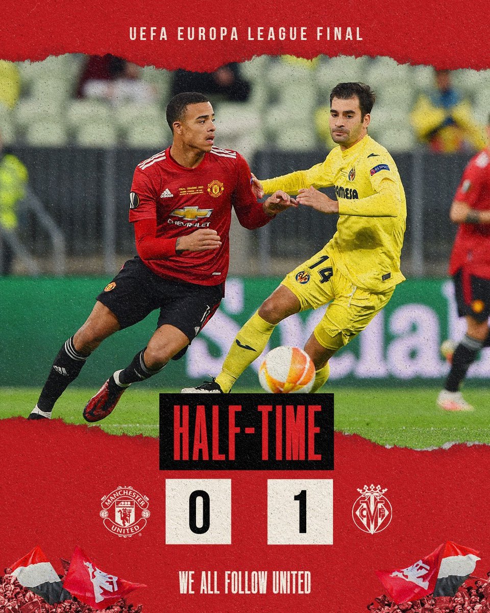 Halftime
<a href="/ManUtd/">Manchester United</a> vs <a href="/VillarrealCF/">Villarreal CF</a> 
Manchester United 0 - 1 Villareal

Manchester United :
----------

Villareal :
- Gerard Moreno ( 1 ) 

#MUFC #MANUTD #MANCHESTERUNITED #UELfinal