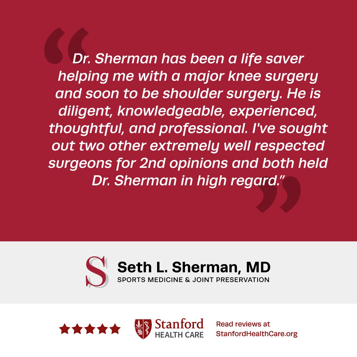 Another great review! 

"Dr. Sherman has been a life saver helping me with a major knee surgery and soon to be shoulder surgery. He is diligent, knowledgeable, experienced, thoughtful, and professional." - Katie S. via Google

<a href="/StanfordMed/">Stanford Medicine</a> <a href="/Stanford_Ortho/">Stanford Orthopaedics</a> #PatientExperience