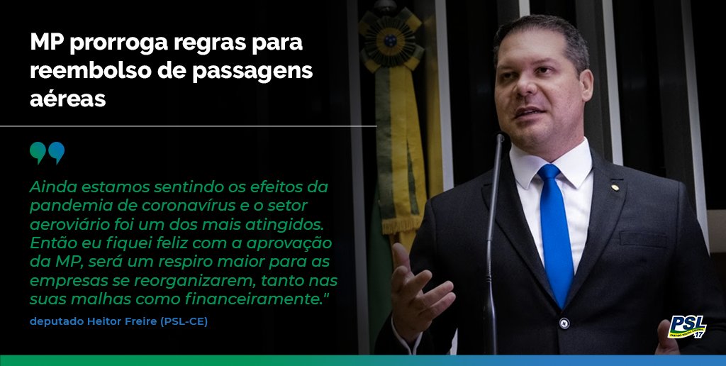 Câmara aprova MP que prorroga regras de reembolso e remarcação de passagens aéreas para voos cancelados na pandemia."Fiquei feliz com a aprovação da MP, será um respiro maior para as empresas se reorganizarem, tanto nas suas malhas como financeiramente.” @HeitorFreireCE (PSL-CE)