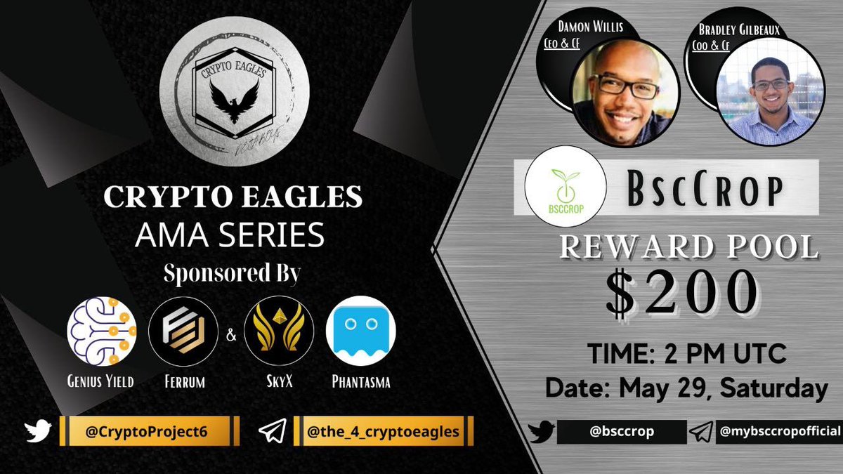 bsccrop's tweet photo. We hope you’re ready for another AMA. Check out our BSCCROP AMA with @CryptoProject6  
🔥May 29 2pm UTC🔥 https://t.co/XzseemEFVr