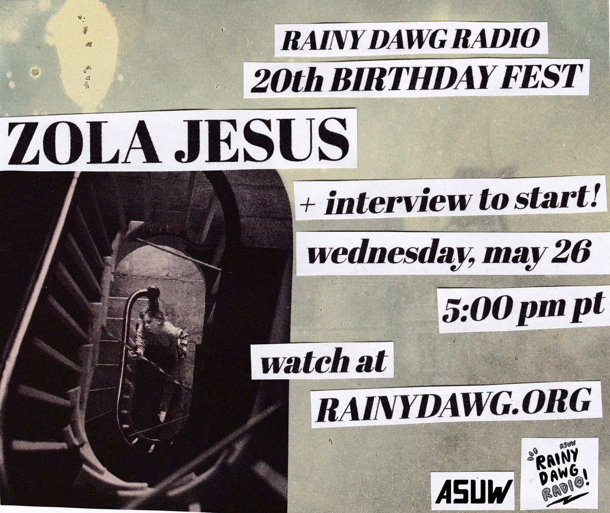 Rainy Dawg Radio very proudly presents ZOLA JESUS <a href="/ZOLAJESUS/">Zola Jesus</a>, TONIGHT at 5PM for our  night of Birthday Fest! Celebrate the station’s birthday Wednesday, May 26 for an interview at 5pm and performance at 5:15. Tune in at RAINYDAWG.ORG!