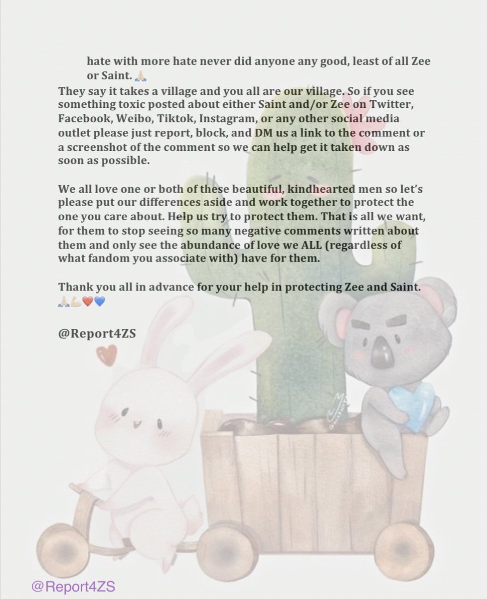 Report4ZS's tweet photo. Hello everyone. Given the recent rise in accounts attacking Zee, Saint, or ZaintSee, we thought it necessary to have an account that can help report for all three. Please help us to spread the word and to protect them. Thank you. 🙏🏻❤️💙

#Saint_sup #ZeePruk
#ZaintSee #CactuZS https://t.co/zhuVFAZ4r2