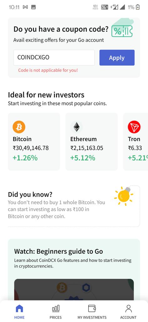 VelapuriR's tweet photo. @CoinDCX Haha its a lol y do people manipulate by saying worth 100 when the app says ..... This code is not applicable for you....... doesn't it seems like cheap Marketing https://t.co/PjhOxOgp1L
