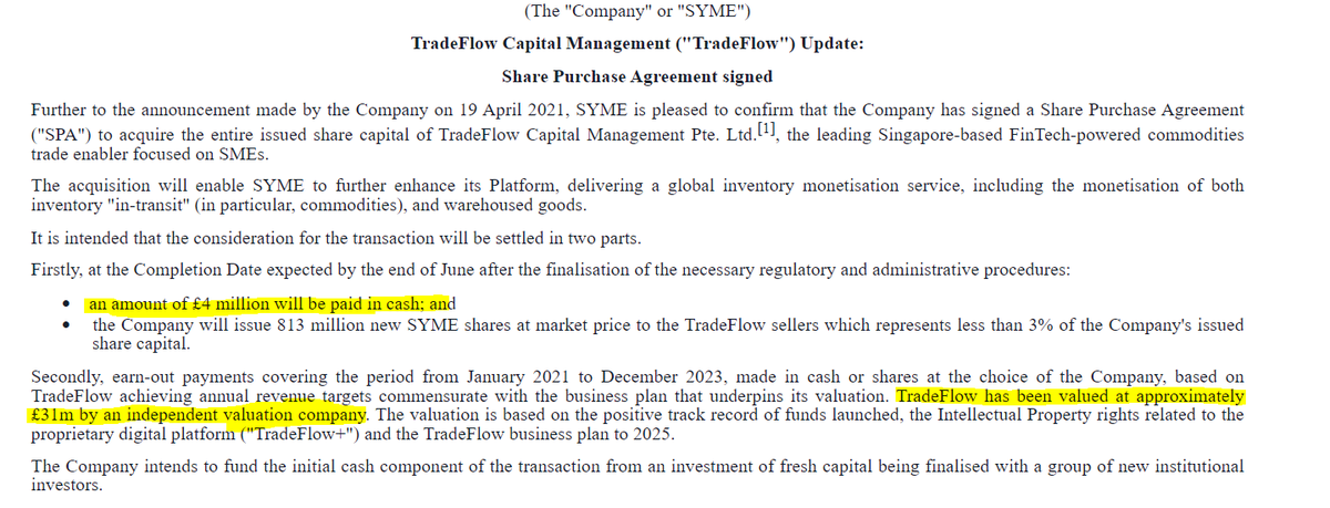 If you owned an asset worth '£31m' would you accept £4m cash and the balance in equity of a near zero revenue business?

#SYME