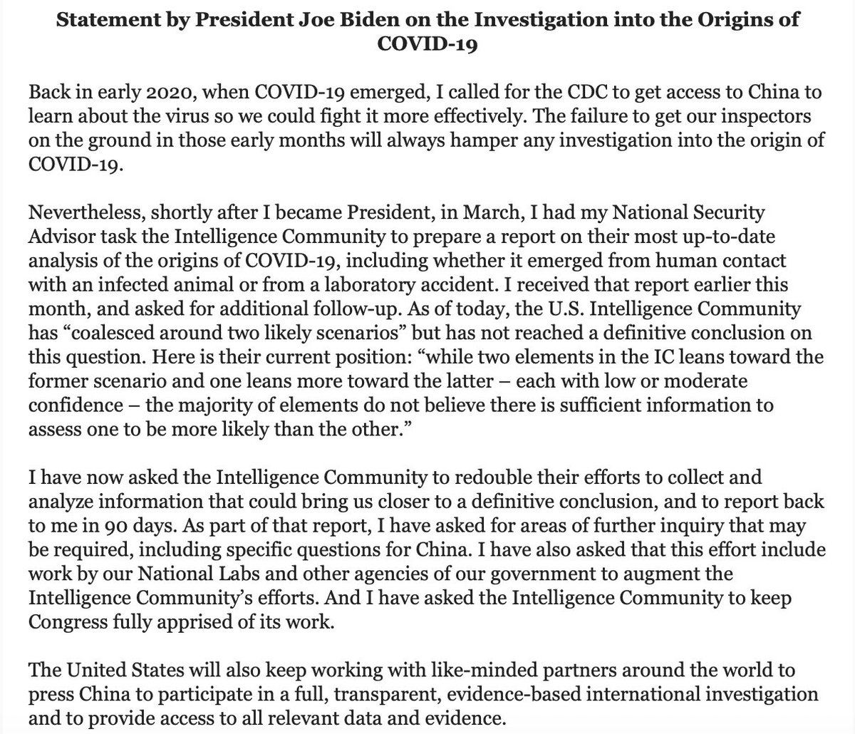 Phil_Mattingly's tweet photo. New Pres. Biden statement on Covid origins: "I have now asked the Intelligence Community to redouble their efforts to collect and analyze information that could bring us closer to a definitive conclusion, and to report back to me in 90 days." https://t.co/rxLZE2qwIc