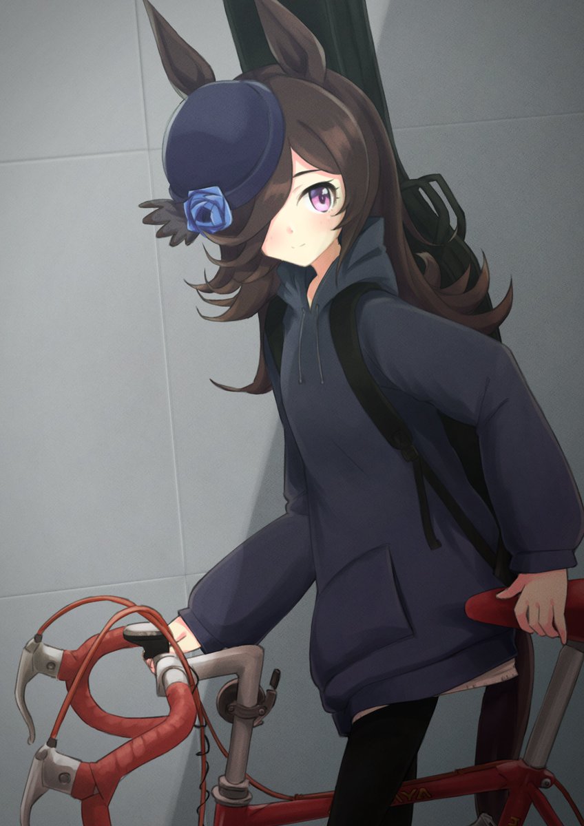 rice shower (umamusume) 1girl solo animal ears horse ears hair over one eye bicycle hat  illustration images