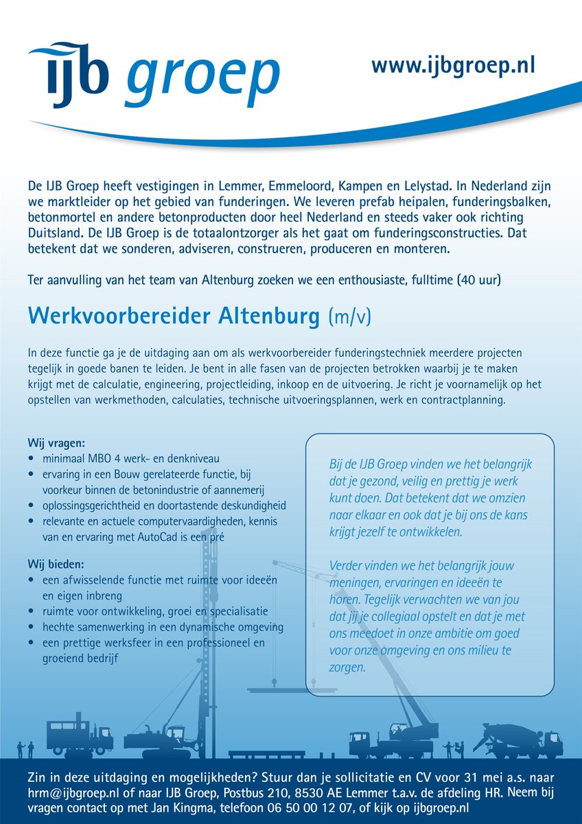 Voor Altenburg zoeken we een enthousiaste Werkvoorbereider Funderingstechniek. Heb jij ervaring in de bouw, ben je doortastend en oplossingsgericht? Kijk dan snel op: ijbgroep.nl/ijb-groep/werk…