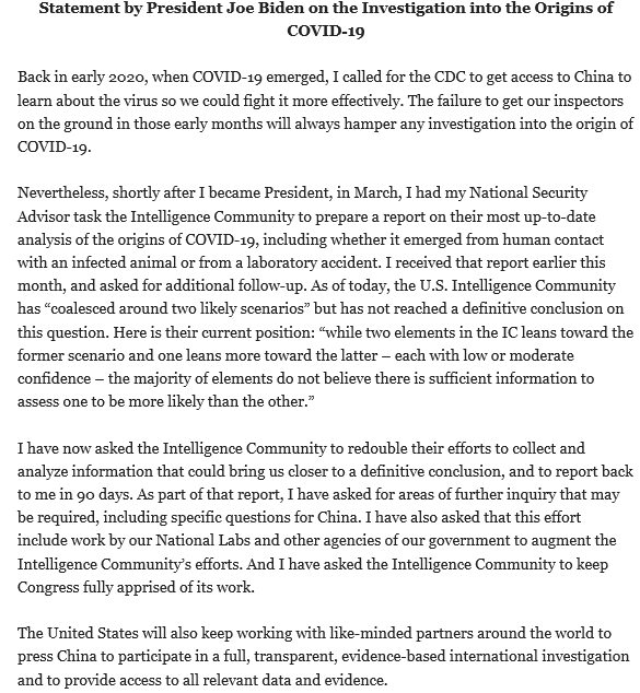 Read the full statement by President Joe Biden on the investigation into the origins of COVID-19: