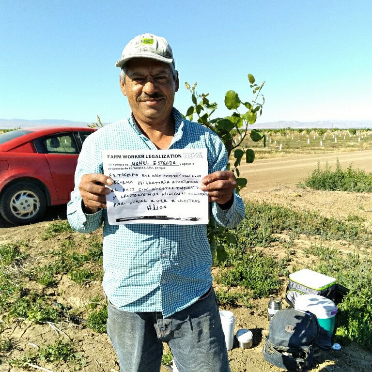 Manuel works in the fields of Mendota CA. He says, "It is time to support us with an #FarmWorkerLegalization. We work hard, contribute to the country with our taxes but  we do not have documents to travel to see our children.
#WeAreHome
