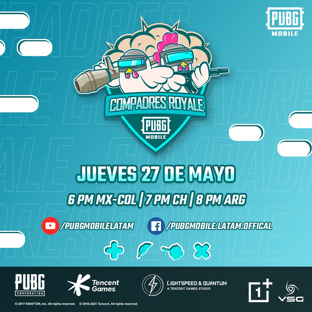 PUBGMOBILELATAM's tweet photo. ¡Mañana hay #CompadresRoyale! 🐔 No te pierdas a nuestro escuadrón de creadores en el campo de batalla 💪
Además, recuerda que siempre tenemos sorpresas de nuestros amigos de @OnePlus_MEX y @VSGLatam 😉
⏰ 6pm MX-COL | 7pm CH | 8pm ARG
📺 YouTube y Facebook https://t.co/fuBtTl1nZl