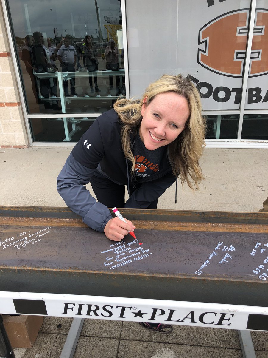 HippoHardhat's tweet photo. The beam signing for the stadium took place today at 11 am. There were a lot of great people there today  @sledgebiz @VLKArchitects @JoerisGC @huttohippo @HippoNationSupt and many more. Looking forward to honoring the past, present, and future. https://t.co/epfWk9Orcy