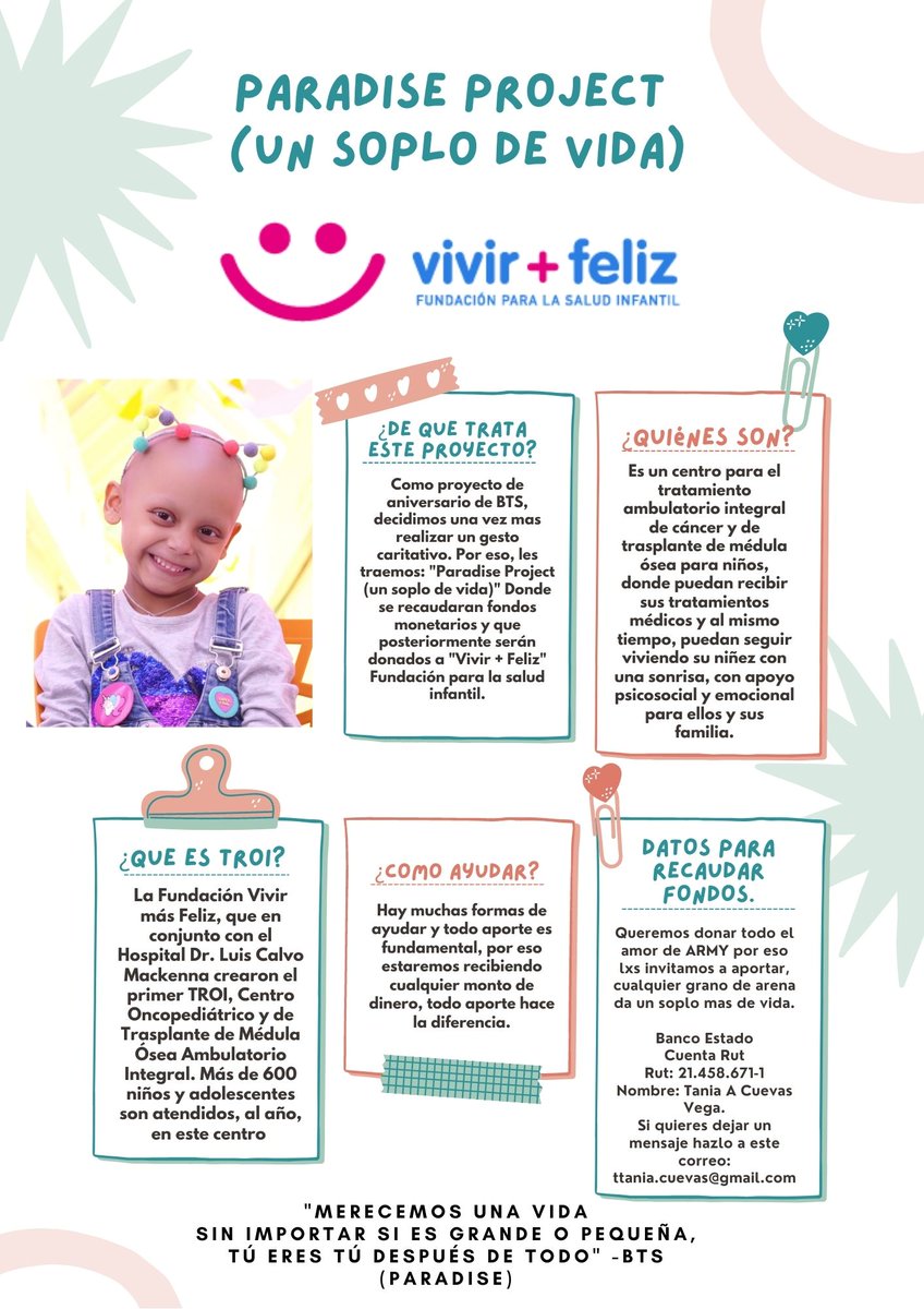 ChileTear's tweet photo. 📌Proyecto por el próximo aniversario de BTS.
Te invitamos a participar de "Paradise Project (un soplo de vida)" con cada aporte estaremos ayudando a los niños con cáncer y regalando sonrisas.🤍💌 
#AniversarioBTS
#ParadiseProject
#ARMYcontraelcáncer💜
@VivirMasFelizCL https://t.co/vpxFPEDGzN