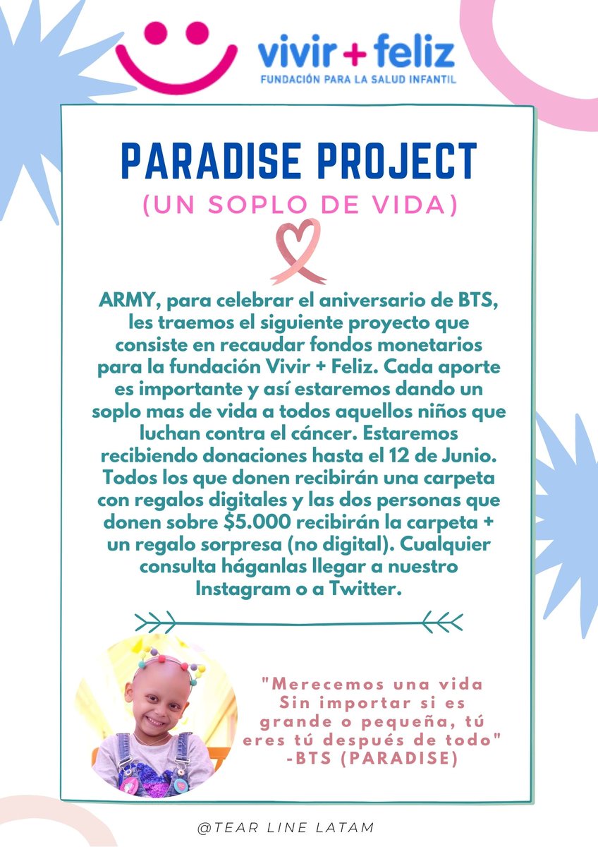 ChileTear's tweet photo. 📌Proyecto por el próximo aniversario de BTS.
Te invitamos a participar de "Paradise Project (un soplo de vida)" con cada aporte estaremos ayudando a los niños con cáncer y regalando sonrisas.🤍💌 
#AniversarioBTS
#ParadiseProject
#ARMYcontraelcáncer💜
@VivirMasFelizCL https://t.co/vpxFPEDGzN