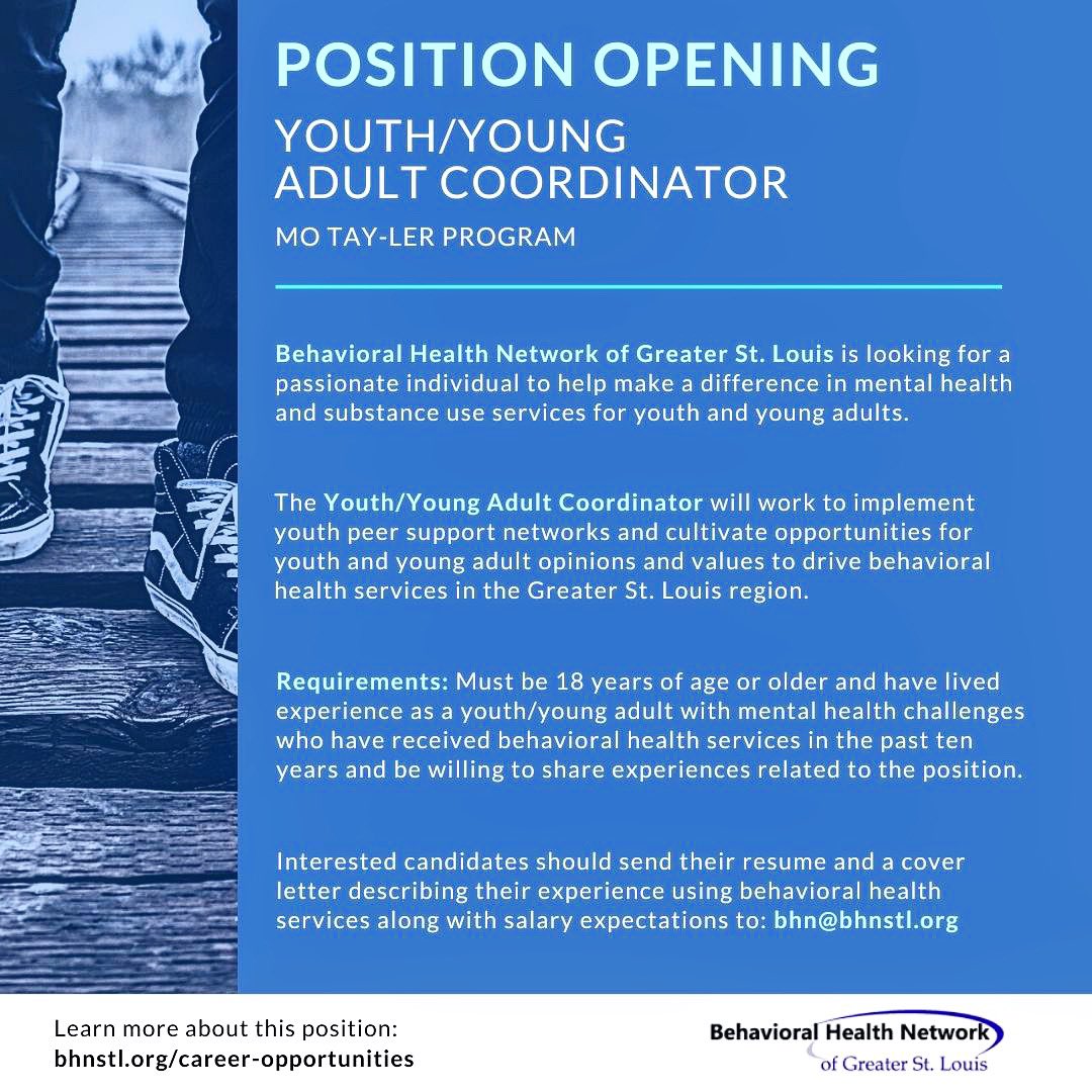 BHN is hiring a Youth &amp; Young Adult Coordinator. This position will work to enhance services and systems amongst behavioral health agencies in the Greater St. Louis region by soliciting youth and young adult perspectives. Please share! #openposition #workopportunity