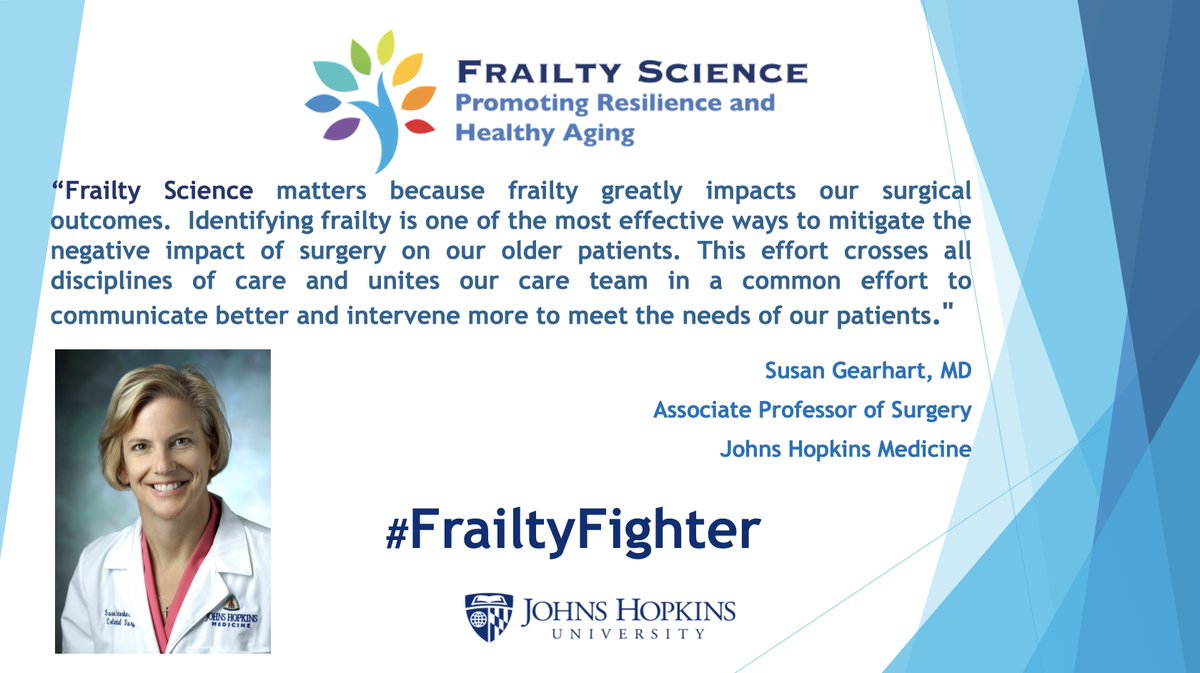 FrailtyScience's tweet photo. #FrailtyFighter #DrSusanGearhart asserts #FrailtyScience's #interdisciplinary nature allows clinicians to communicate better at critical times, such as when considering surgery for #Frail #OlderAdults & most important: to co-create impactful interventions towards better outcomes. https://t.co/oTABiwd3HN