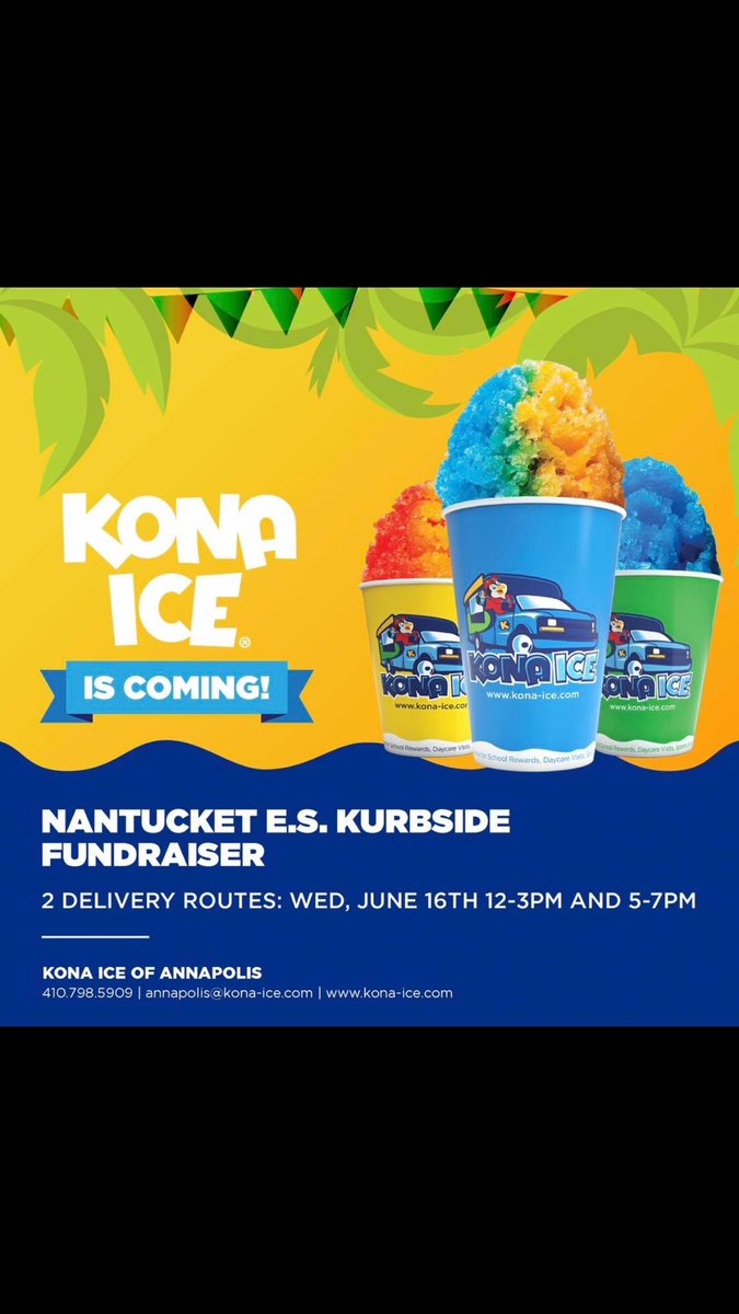 NES_PTA's tweet photo. https://t.co/wKS97SCJWb. Type in Nantucket Elementary in address/ location notes.
Choose if you prefer Kona Ice to come to your house between 12:00-3:00 or 5:00-7:00.
Place your order- note $12 minimum. 
Be home because Kona Ice is delivering to your curbside!! https://t.co/LYnbD3SSSO