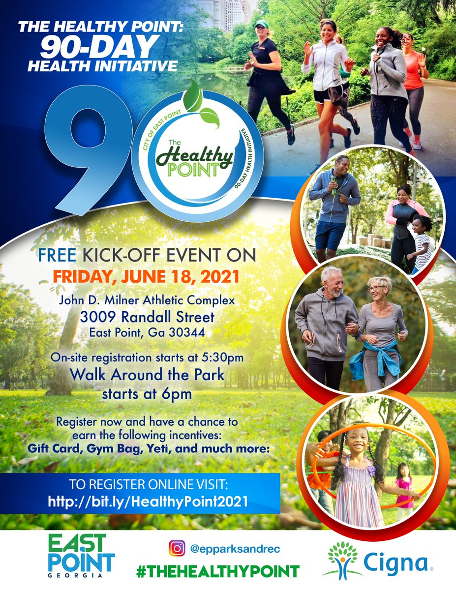 cityofeastpoint's tweet photo. The Healthy Point: 90-Day Health Initiative returns on June 18 for a FREE Kick-off event at the John D. Milner Athletic Complex. On-site registration starts at 5:30 p.m. Walk around the park starts at 6:00 p.m.
Register now at https://t.co/ePC8IDOEui #TheHealthyPoint https://t.co/024hjritWa