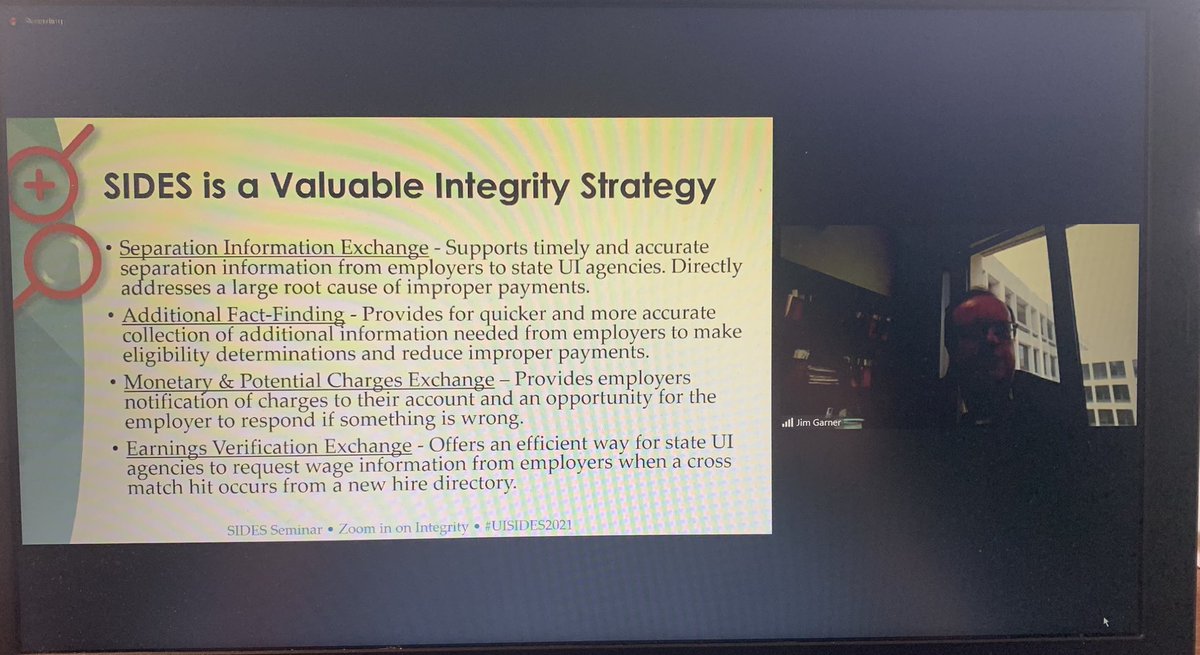 sb_sanders's tweet photo. Great start to #UISIDES2021 Seminar provided by @NASWAORG and @UI_SIDES listening to an update from Jim Garner @USDOL SIDES is key to providing integrity in the UI space https://t.co/00hdKNdufv