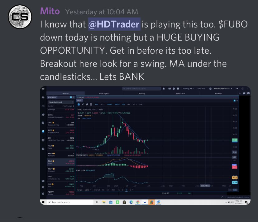 InvestingCs's tweet photo. $FUBO called yesterday if you were in the discord you would’ve made bank today.  Up 16% some users had calls and hit over 200%👀👀 https://t.co/zTMrESxl66