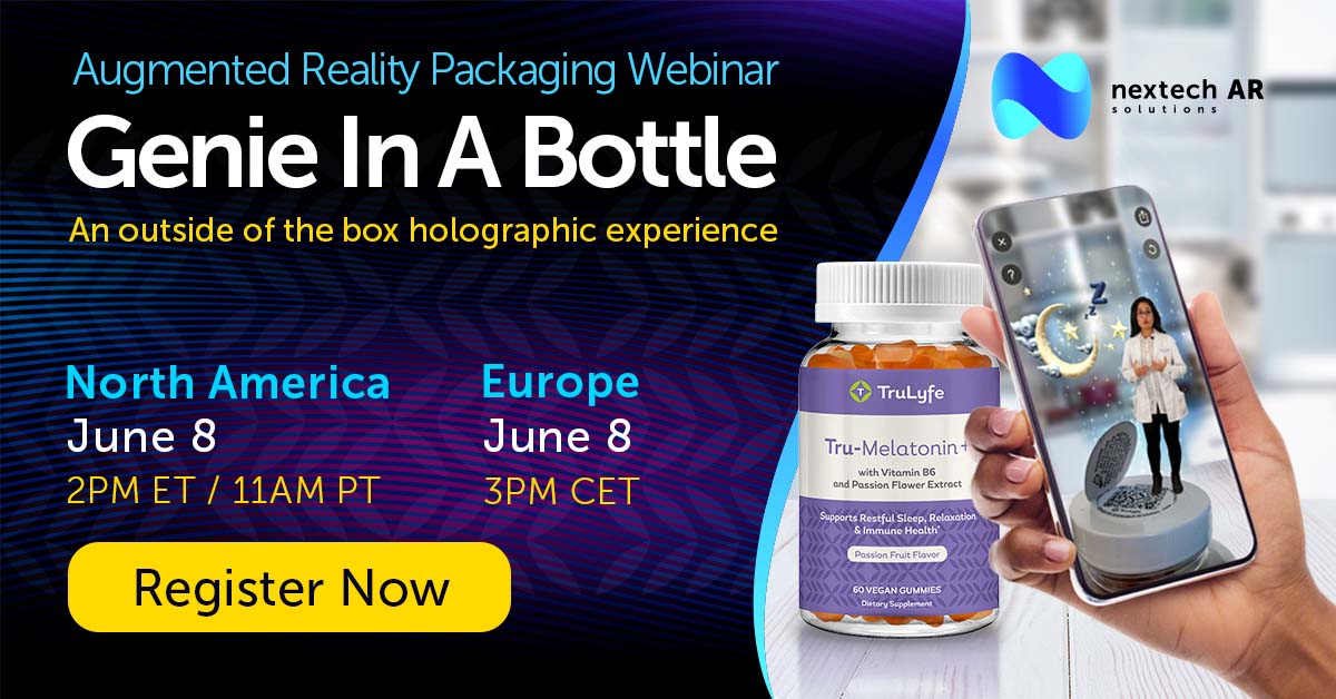Join our upcoming Augmented Reality Packaging Webinar on June 8, 2021! What if your product story could jump out of the bottle? With <a href="/Nextech_AR/">Nextech3D.AI</a>  Genie In A Bottle you can use an anchored AR hologram to showcase your brand in a highly engaging way!