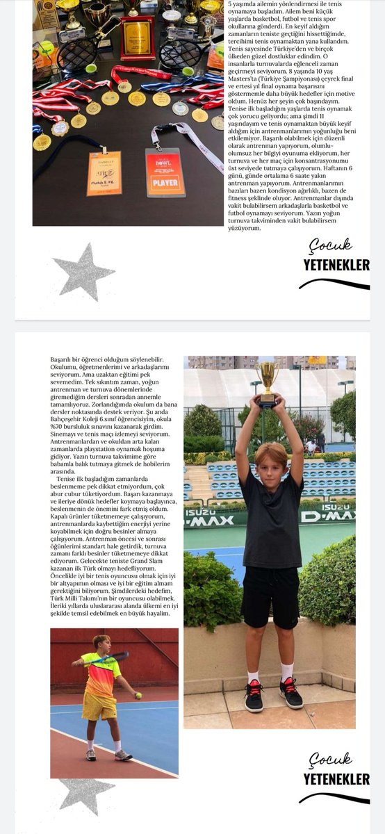 Tennis Europe kapsamında düzenlenen 23 April Cup’ta hem çiftlerde hem teklerde büyük başarı sağlayan 6. sınıf öğrencimiz Mustafa Ege Şık'ın, Star Kids Dergisi'nde röportajı yayınlanmıştır. Öğrencimizi kutlarız.