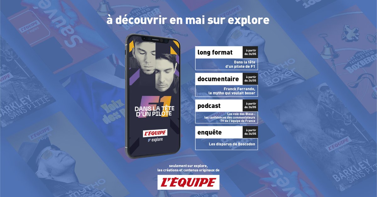 lequipe_pro's tweet photo. Longs formats, documentaires, podcasts, enquêtes... les créations et contenus originaux de @lequipe sont à retrouver sur Explore 

Le programme de mai 👇 https://t.co/Gb92LPseeY