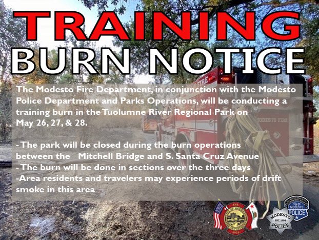 CeresFire's tweet photo. #Modesto #Fire Department will be conducting a #TrainingBurn Exercise in the Tuolumne River Regional Park on May 26, 27, &amp; 28, weather permitting.

Fire crews are on scene and have the fires under control.

#Smoke will be visible around #Ceres, particularly on River Rd. https://t.co/YgPqGIDdwh